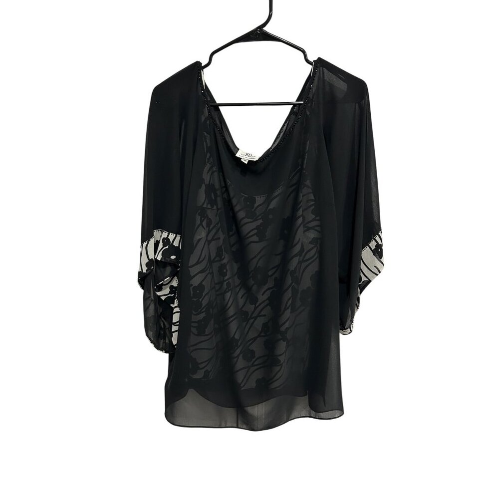 FD Rêve De Ronde Black Sheer Floral Print Top Set 3/4 Sleeves Matching Sleeveles